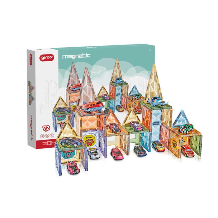 Construção Magnética Giros 3D com Veículos 72 peças