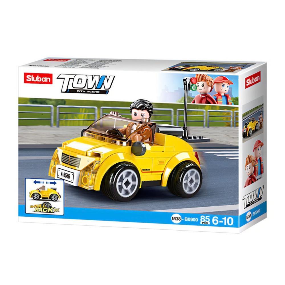 Carro Amarelo Pull Back com Figura Sluban Town 85 Peças