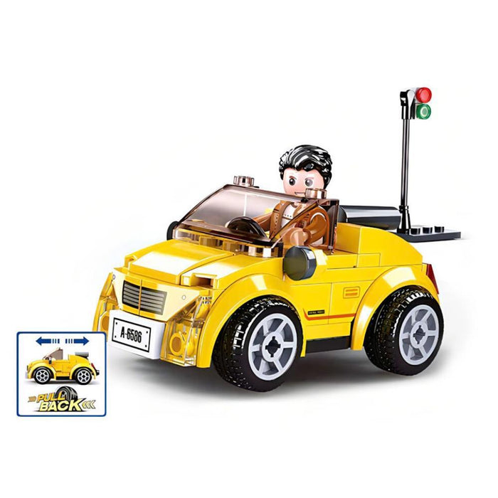 Carro Amarelo Pull Back com Figura Sluban Town 85 Peças