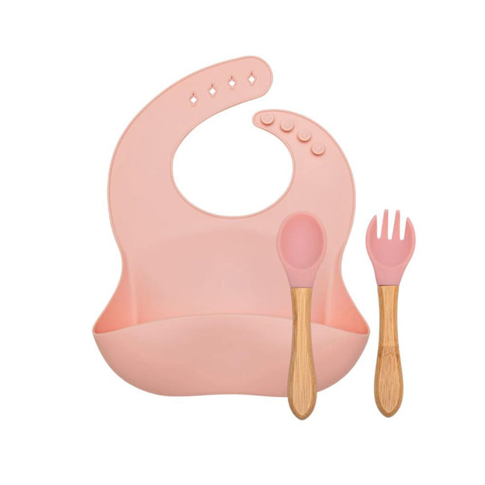 Conjunto com Babete, Colher e Garfo em Silicone Green Goose Rosa