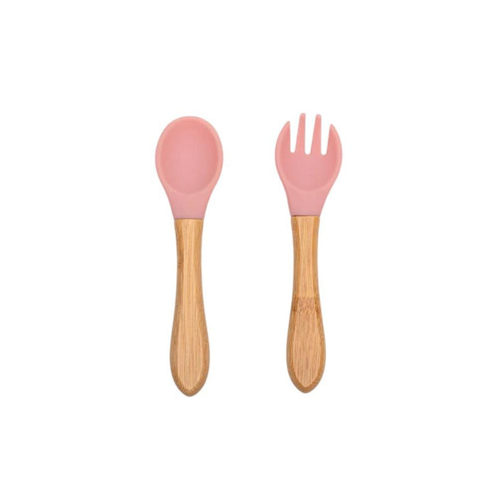Conjunto com Babete, Colher e Garfo em Silicone Green Goose Rosa