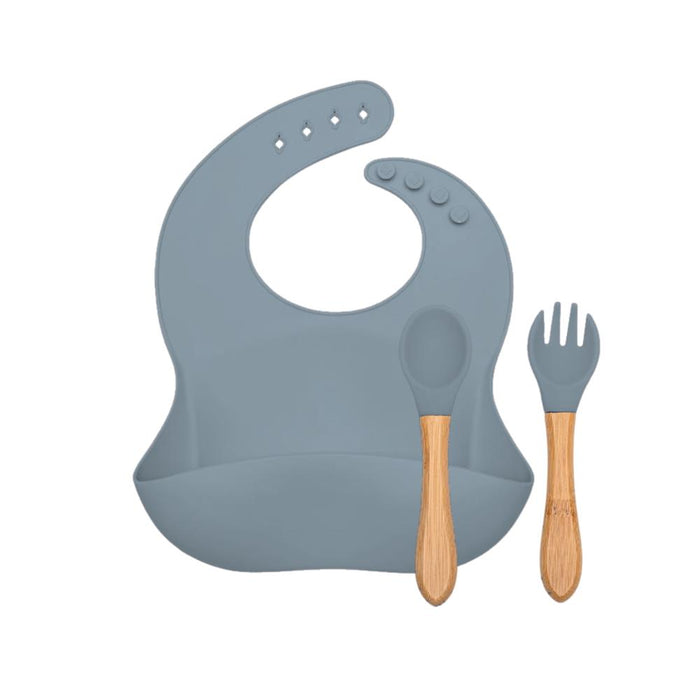 Conjunto com Babete, Colher e Garfo em Silicone Green Goose Azul