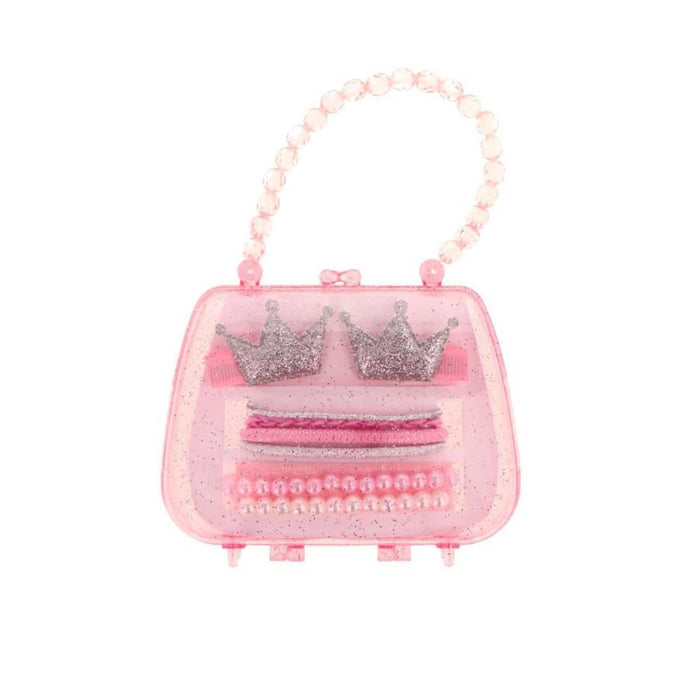 Bolso Rosa Glitter con Accesorios para el Cabello y Pulseras