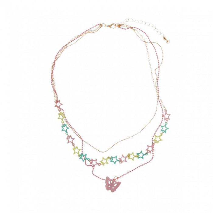 Colar Triplo Rosa com Estrelas e Borboleta