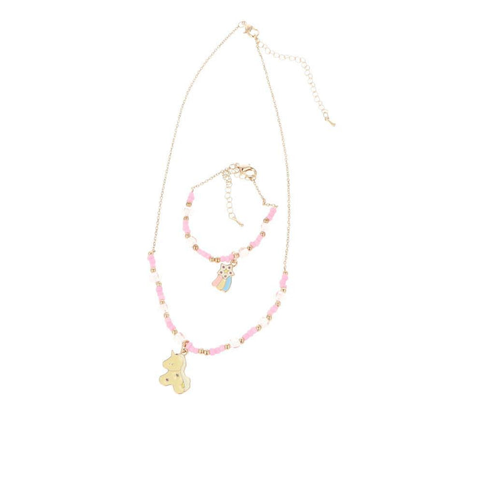 Conjunto Colar e Pulseira Rosa e Dourado