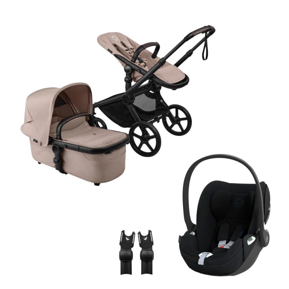 Paquete completo Bugaboo Fox5 Renew Negro/Gris Topo Desierto + Silla de paseo Cybex Cloud T Plus Negro Sepia 45-87cm + Adaptadores