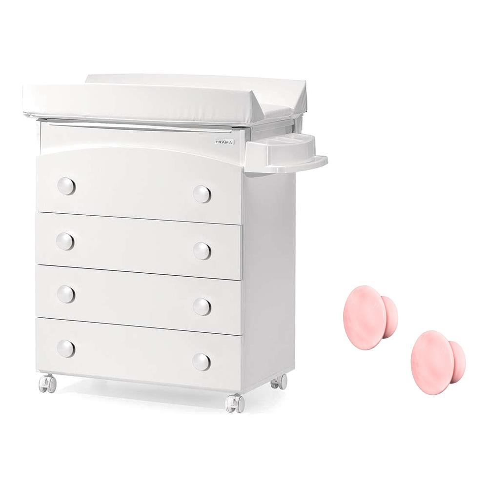 Pack Trama Cómoda Eco Bow Branco + Kit Banheira + Puxador Rosa