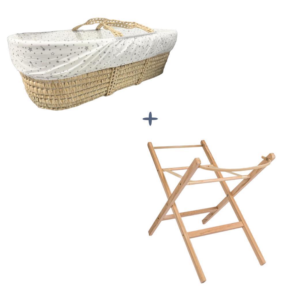 Pack Clair de Lune Wicker Couture Star Special + Soporte para capazo fijo y plegable en madera natural