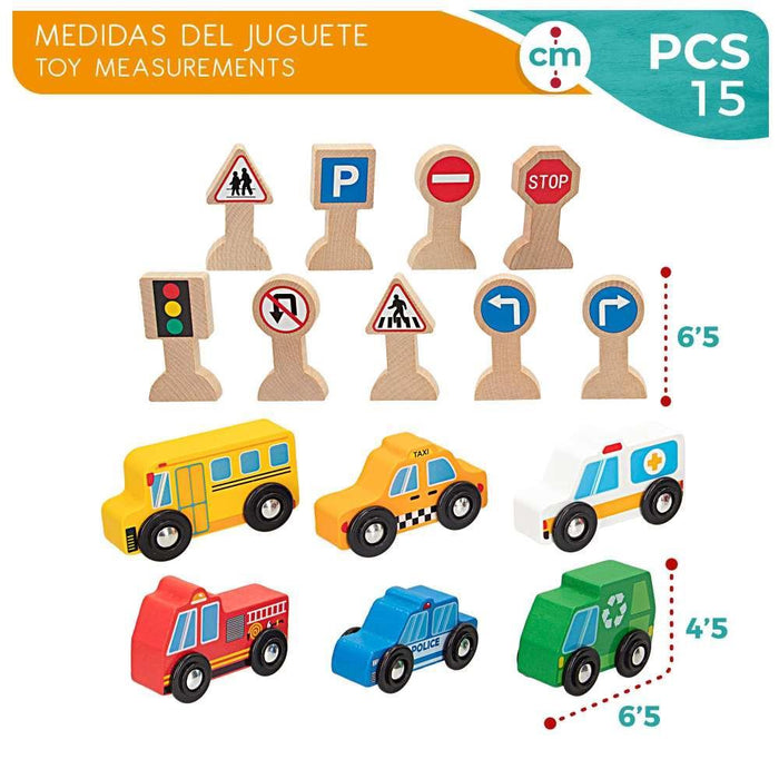 Vehículos y Señales de Tráfico de Madera 15 Piezas