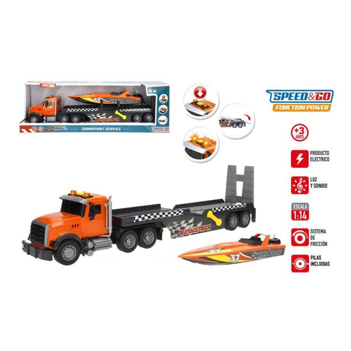 Camião de Transporte com Lancha Speed & Go com Sistema de Friccção, Luz e Som