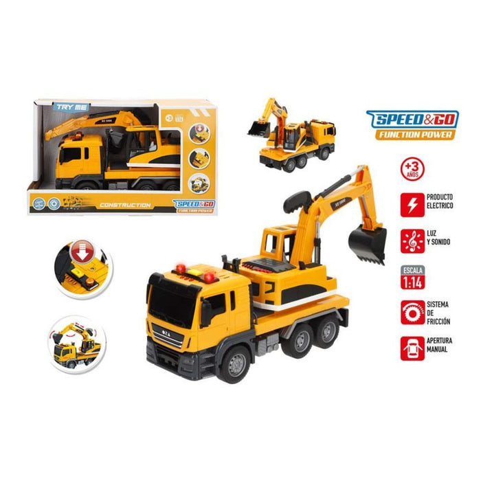 Camião com Escavadora Speed & Go com Sistema de Fricção, Luz e Som 1:14