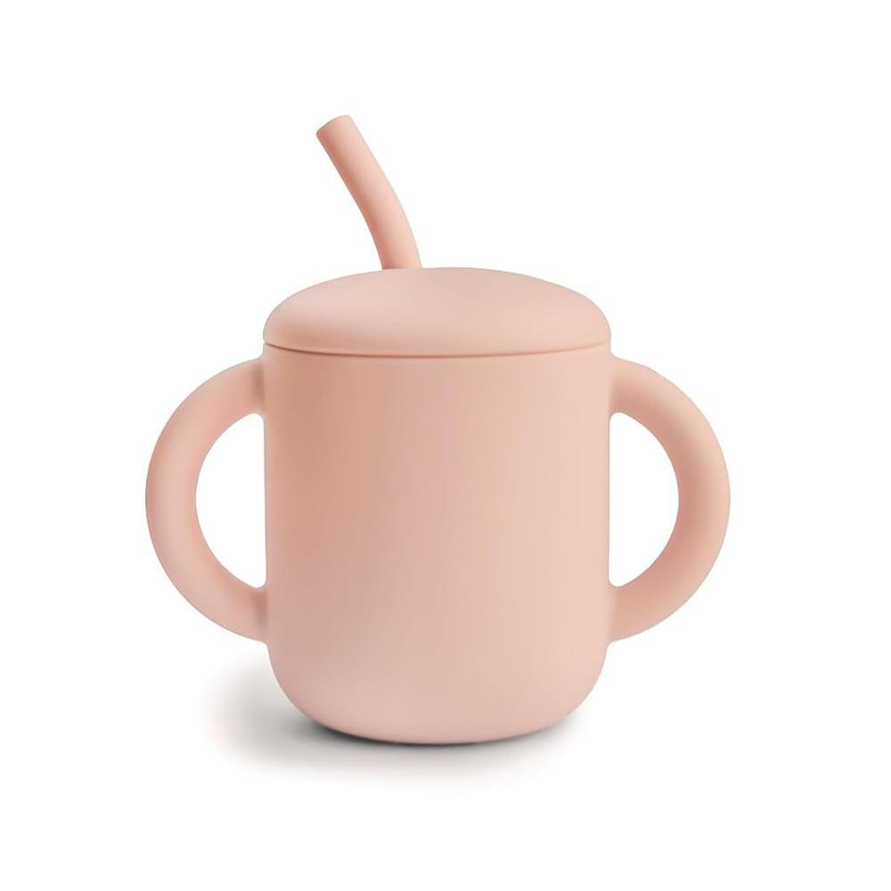Vaso de silicona Mushie Blush con pajita y asas.