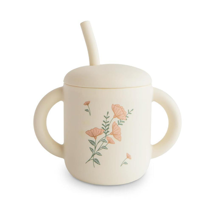 Copo com Palhinha e Asas em Silicone Mushie Pink Flowers