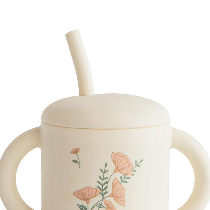 Copo com Palhinha e Asas em Silicone Mushie Pink Flowers