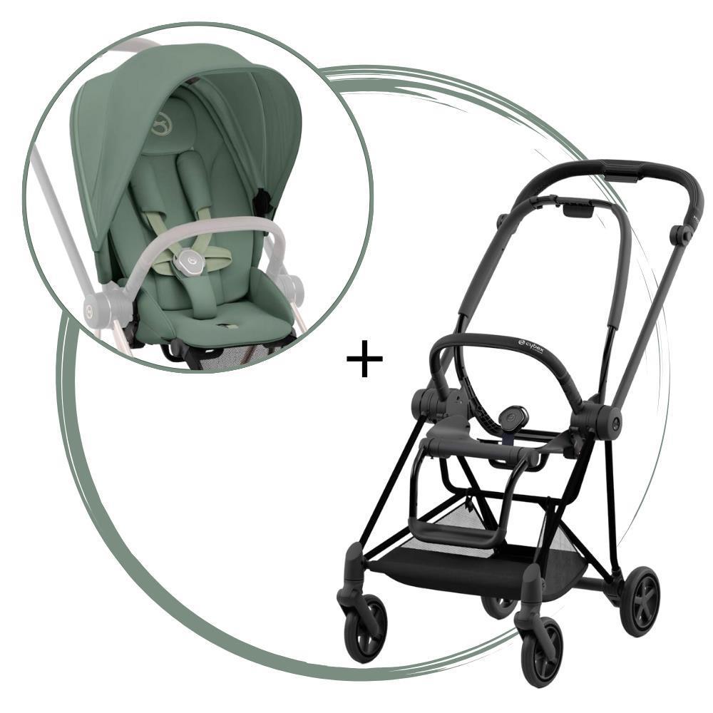 Carrinho Cybex Platinum Mios Matt Black + Pack de Tecidos Leaf Green