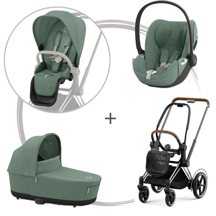 Pack Cybex Platinum e-Priam com Chassis e Assento Chrome Brown + Pack de Tecidos + Alcofa Priam + Cloud T Plus Leaf Green