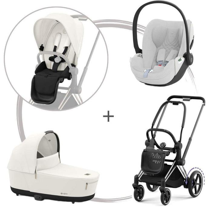 Pack Cybex Platinum e-Priam com Chassis e Assento Chrome Black + Pack de Tecidos + Alcofa Priam + Cloud T Plus White