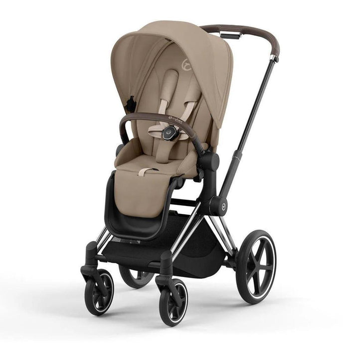 Pack Cybex Platinum e-Priam con chasis y asiento en marrón cromado + Pack de tela + capazo Priam + Cloud T Plus Cozy Beige