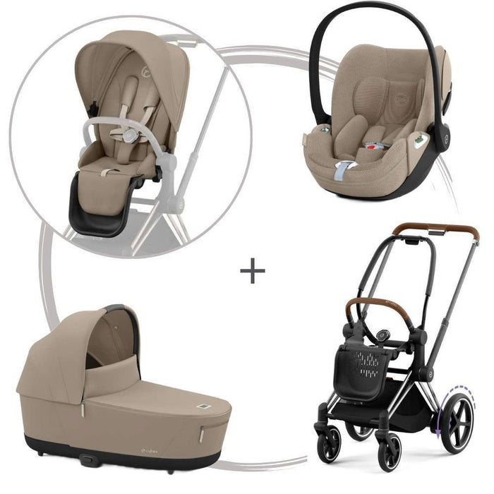 Pack Cybex Platinum e-Priam com Chassis e Assento Chrome Brown + Pack de Tecidos + Alcofa Priam + Cloud T Plus Cozy Beige
