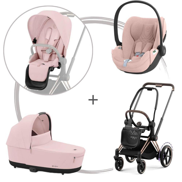 Pack Cybex Platinum e-Priam com Chassis e Assento Rosegold + Pack de Tecidos + Alcofa Priam + Cloud T Plus Peach Pink