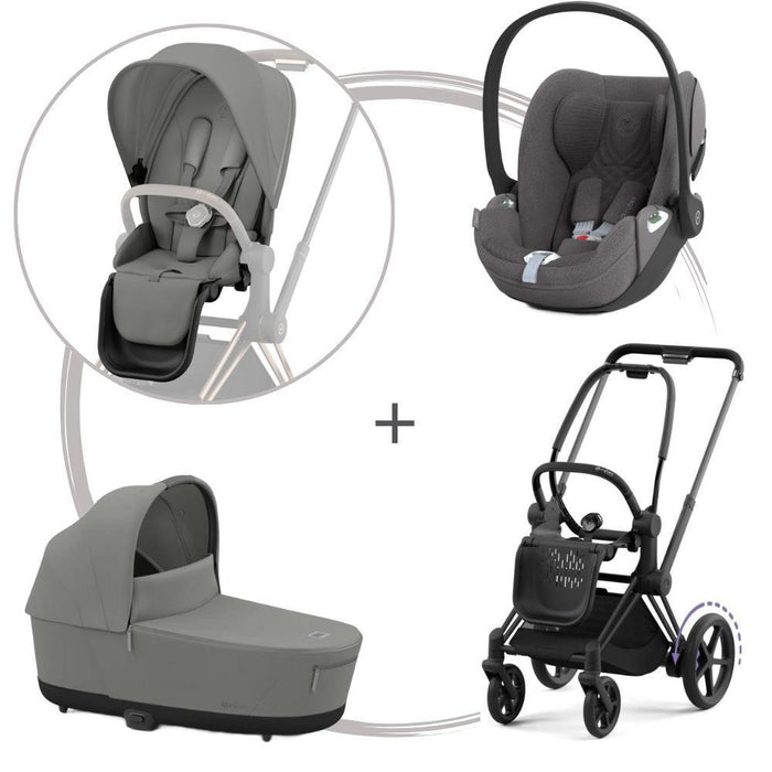 Pack Cybex Platinum e-Priam com Chassis e Assento Matt Black + Pack de Tecidos + Alcofa Priam + Cloud T Plus Mirage Grey