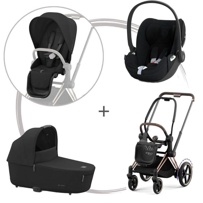 Pack Cybex Platinum e-Priam com Chassis e Assento Rosegold + Pack de Tecidos + Alcofa Priam + Cloud T Plus Sepia Black