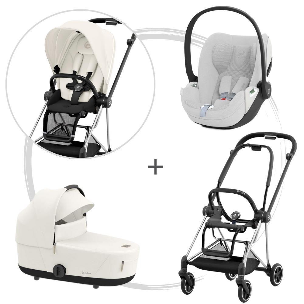 Pack Cybex Platinum Mios con chasis y asiento en negro cromado + Pack de tela + capazo Mios Lux + Cloud T Plus blanco