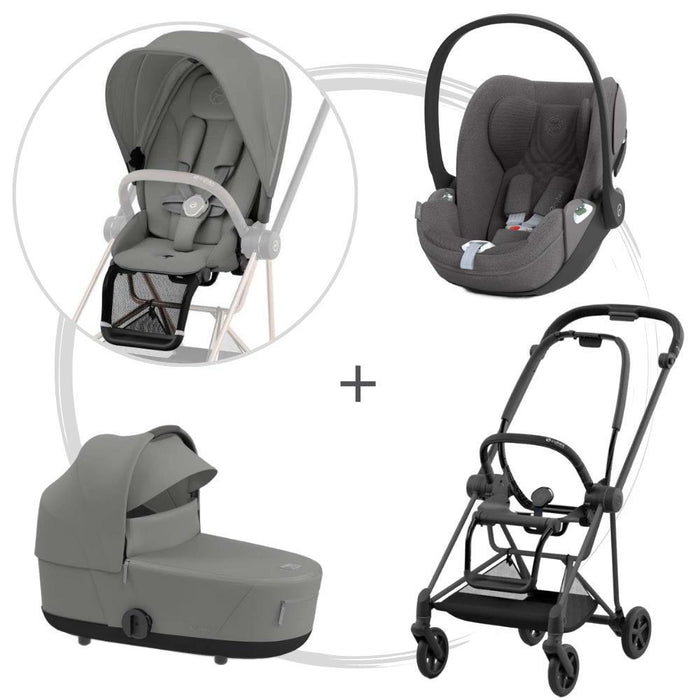 Cybex Platinum Mios Pack with Matt Black Frame and Seat + Fabric Pack + Mios Lux Carrycot + Cloud T Plus Mirage Grey