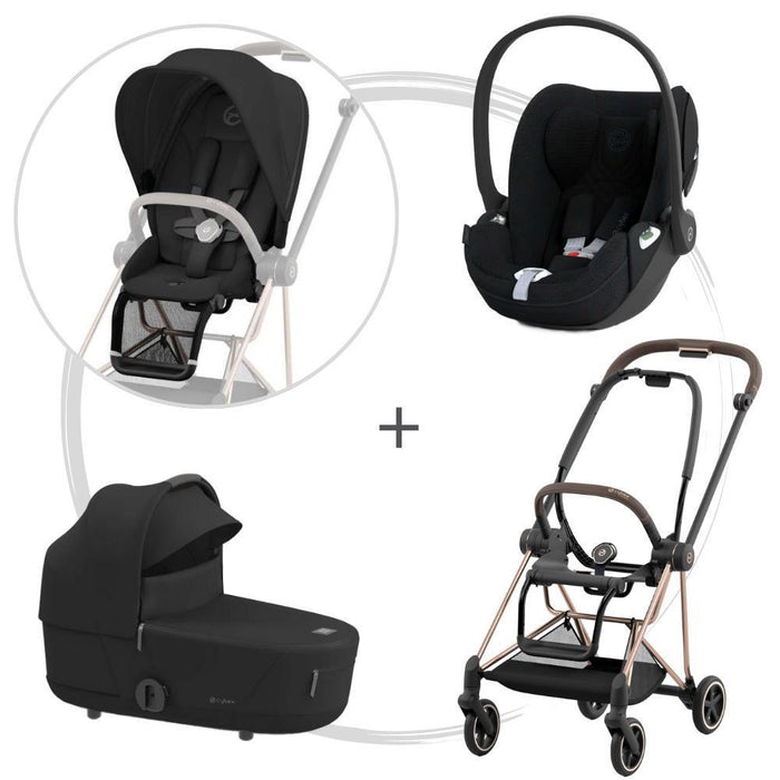 Pack Cybex Platinum Mios com Chassis e Assento Rosegold + Pack de Tecidos + Alcofa Mios Lux + Cloud T Plus Sepia Black