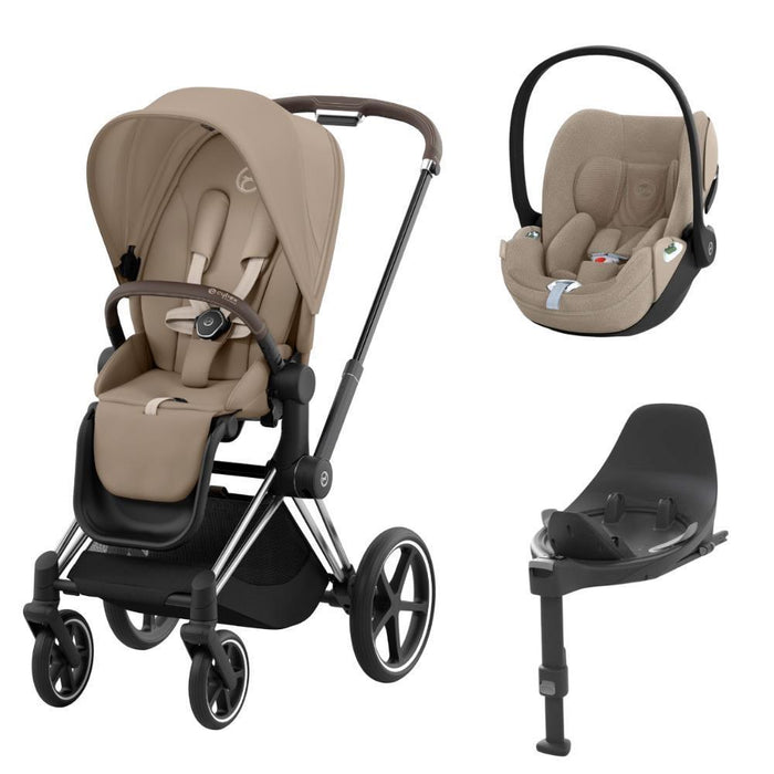Pack Cybex Platinum Priam Chassis e Assento Chrome Brown + Tecidos Cozy Beige + Cloud T Plus i-Size 45-87cm Cozy Beige + Base Isofix T