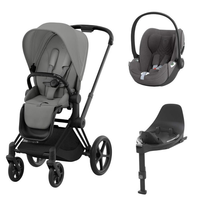 Pack Cybex Platinum Priam Chassis e Assento Matt Black + Tecidos Mirage Grey + Cloud T Plus i-Size 45-87cm Mirage Grey + Base Isofix T