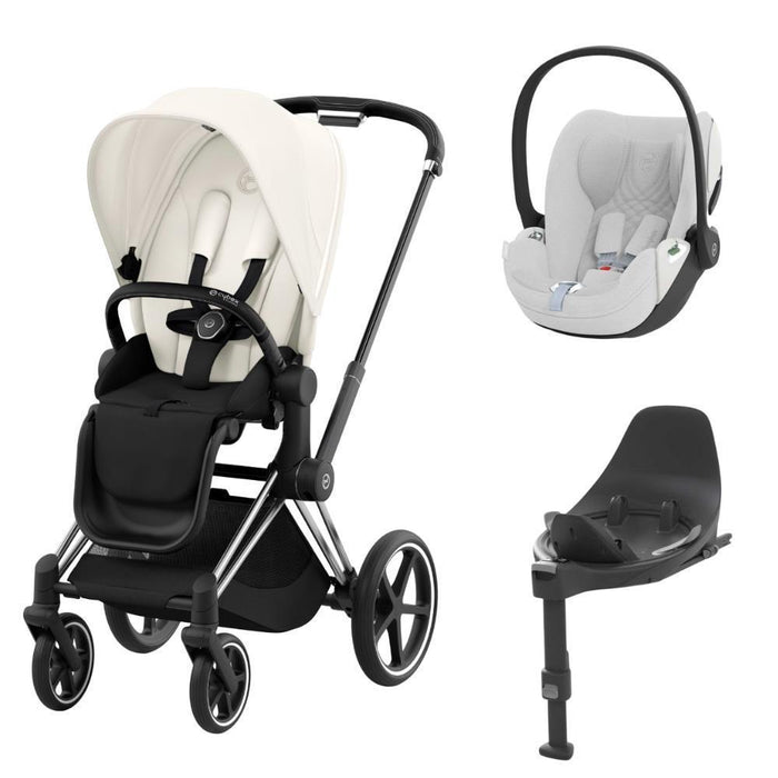Pack Cybex Platinum Priam Chassis e Assento Chrome Black + Tecidos Off White + Cloud T Plus i-Size 45-87cm White + Base Isofix T