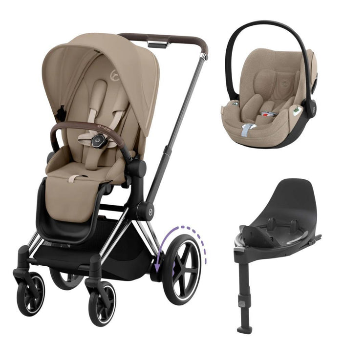 Pack Cybex Platinum e-Priam Chassis e Assento Chrome Brown + Tecidos Cozy Beige + Cloud T Plus i-Size 45-87cm Cozy Beige + Base Isofix T