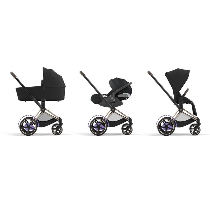 Pack Cybex Platinum e-Priam Chassis e Assento Rosegold + Tecidos Sepia Black + Cloud T Plus i-Size 45-87cm Sepia Black + Base Isofix T