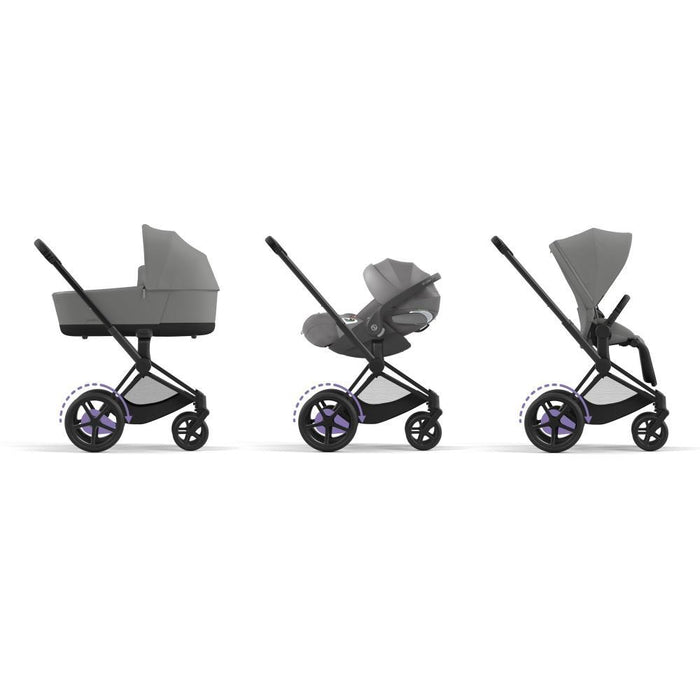 Pack Cybex Platinum e-Priam Chassis e Assento Matt Black + Tecidos Mirage Grey + Cloud T Plus i-Size 45-87cm Mirage Grey + Base Isofix T