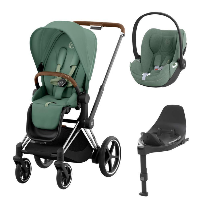 Pack Cybex Platinum e-Priam Chassis e Assento Chrome Brown + Tecidos Leaf Green + Cloud T Plus i-Size 45-87cm Leaf Green + Base Isofix T
