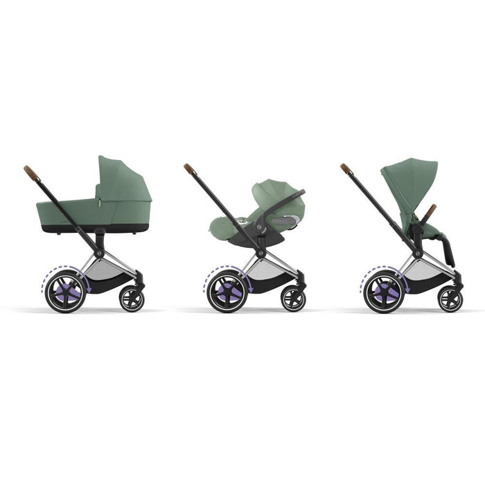 Pack Cybex Platinum e-Priam Chassis e Assento Chrome Brown + Tecidos Leaf Green + Cloud T Plus i-Size 45-87cm Leaf Green + Base Isofix T