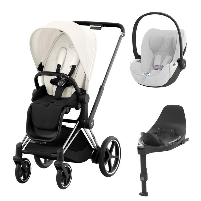 Pack Cybex Platinum e-Priam Chassis e Assento Chrome Black + Tecidos Off White + Cloud T Plus i-Size 45-87cm White + Base Isofix T