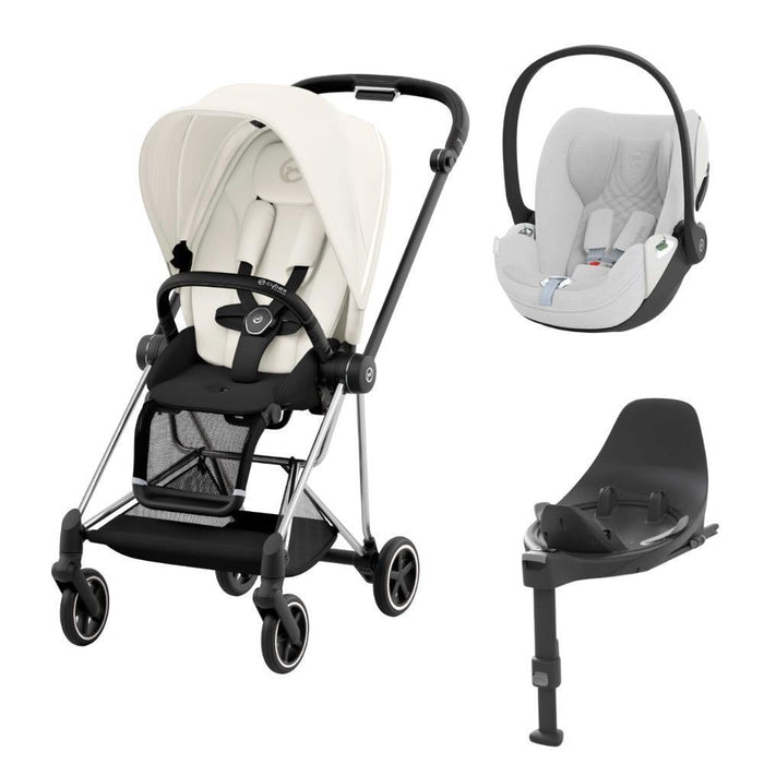 Pack Cybex Platinum Mios Chassis e Assento Chrome Black + Tecidos Off White + Cloud T Plus i-Size 45-87cm White + Base Isofix T