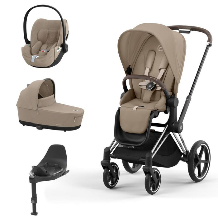 Pack Cybex Platinum Priam com Chassis e Assento Chrome Brown + Pack de Tecidos + Alcofa Priam + Cloud T Plus Cozy Beige + Base Isofix T