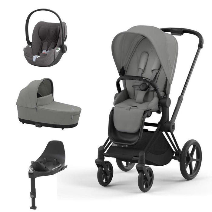 Pack Cybex Platinum Priam com Chassis e Assento Matt Black + Pack de Tecidos + Alcofa Priam + Cloud T Plus Mirage Grey + Base Isofix T