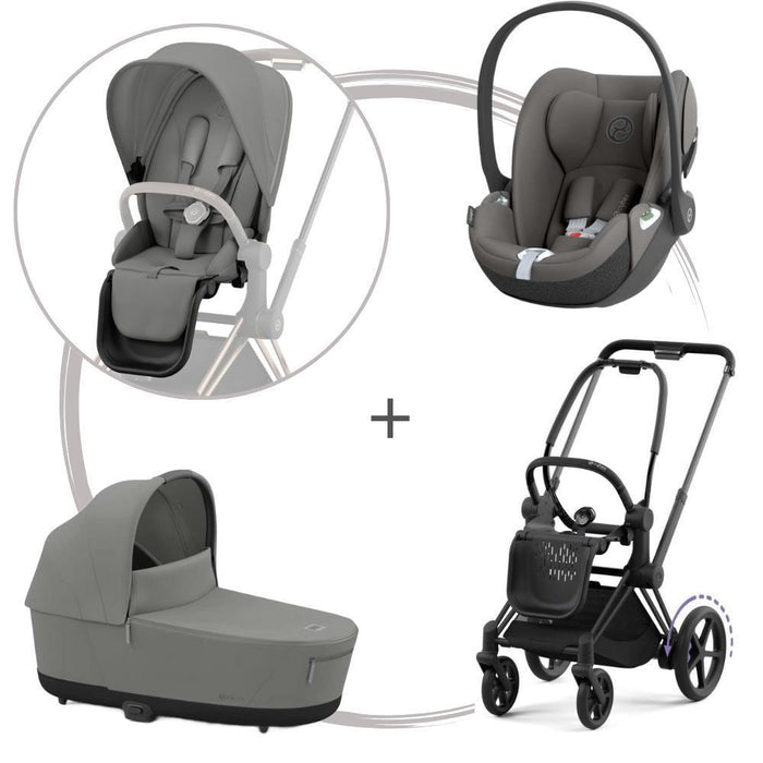 Pack Cybex Platinum e-Priam com Chassis e Assento Matt Black + Pack de Tecidos + Alcofa Priam + Cloud T Mirage Grey 40-87 cm