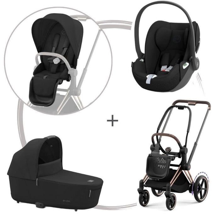 Pack Cybex Platinum e-Priam com Chassis e Assento Rosegold + Pack de Tecidos + Alcofa Priam + Cloud T Sepia Black 40-87 cm