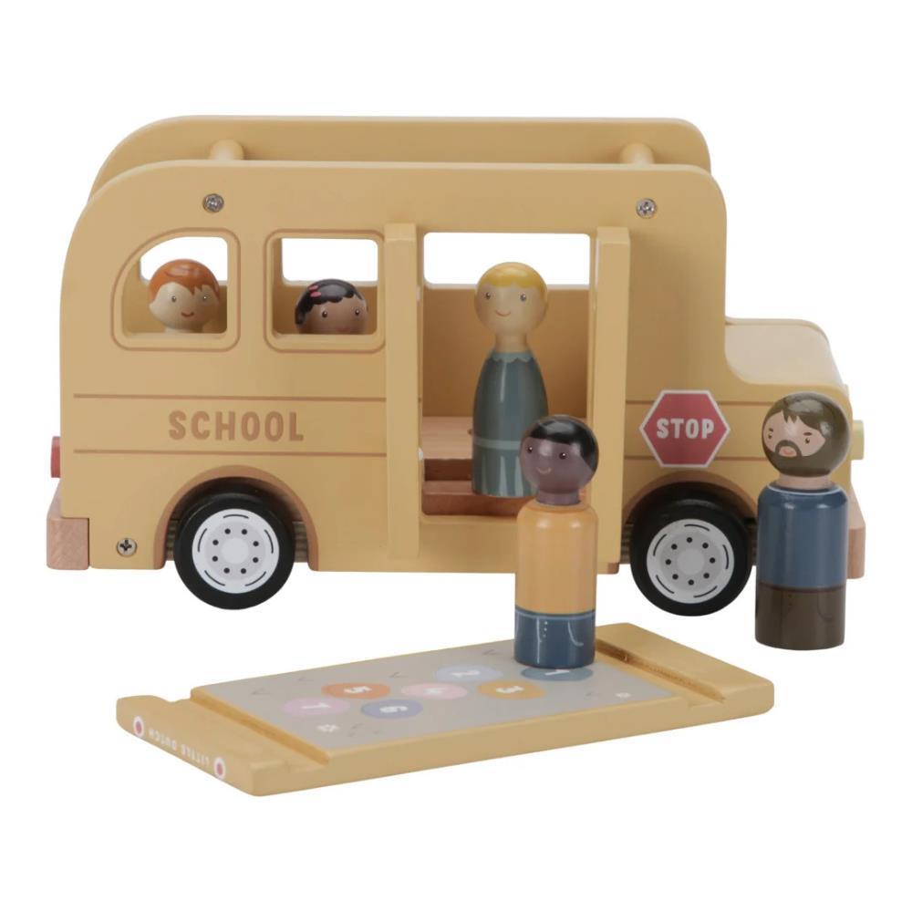 Pequeño autobús escolar holandés de madera con figuras