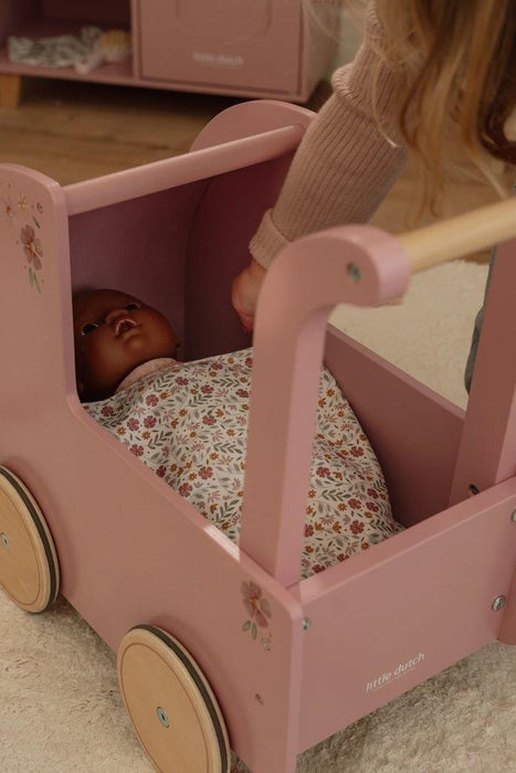 Carrinho para Bonecas em Madeira com Acessórios Little Dutch Flores Rosa