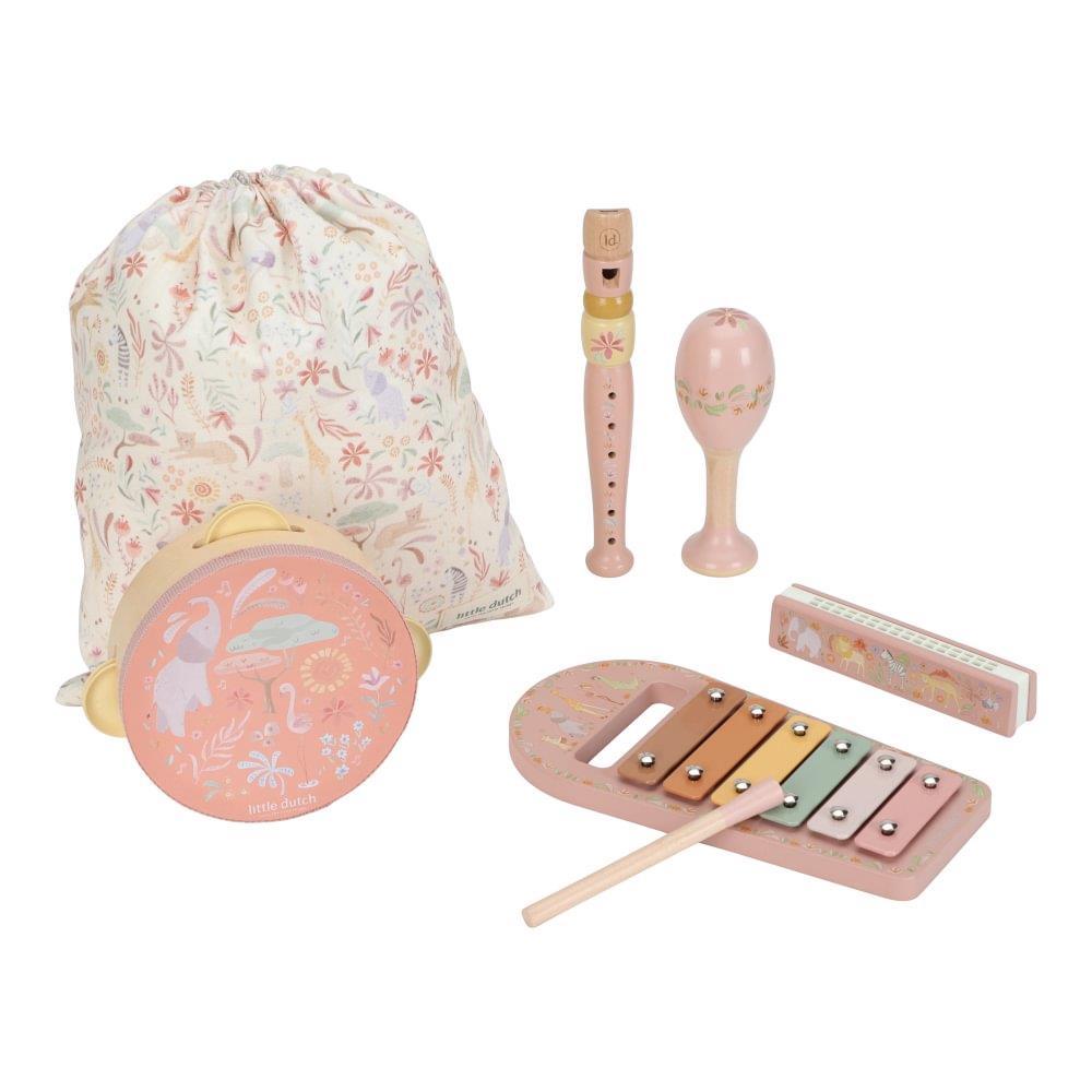 Little Dutch Safari Friends Wooden Musical Set with Fabric Bag Pink
