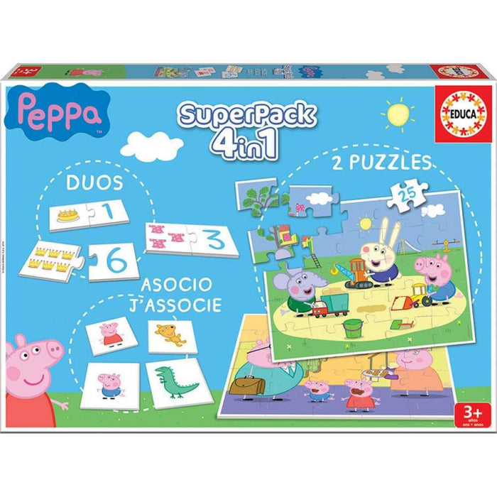 Super Pack 4 em 1 Educa Peppa Pig 2 Puzzles + Jogos da Memo e Dominó
