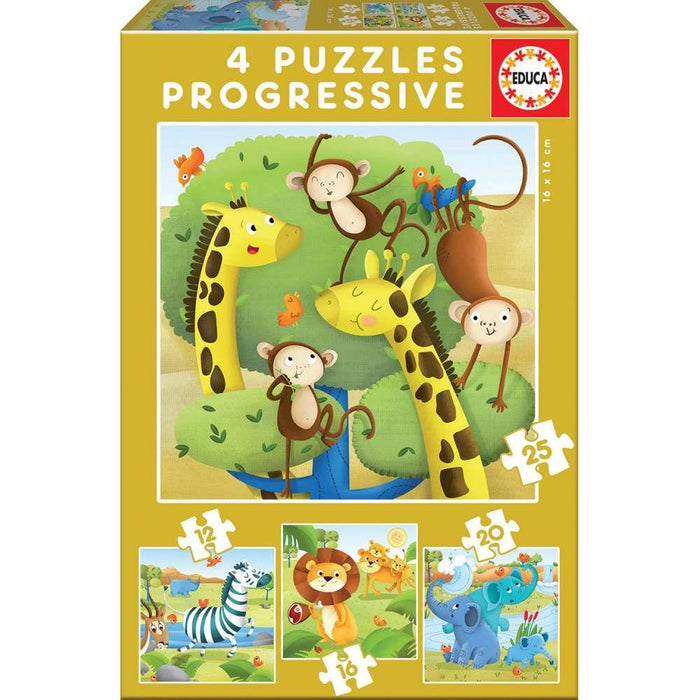 4 Puzzle Progressivos Educa Animais Selvagens 12/16/20/25 Peças