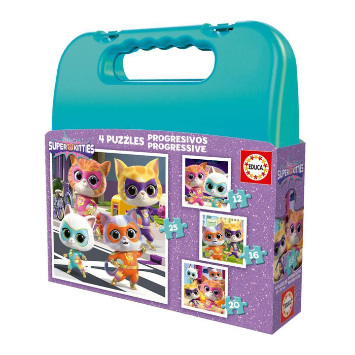 Mala com 4 Puzzles Progressivos Educa  Super Kitties 12 a 25 Peças