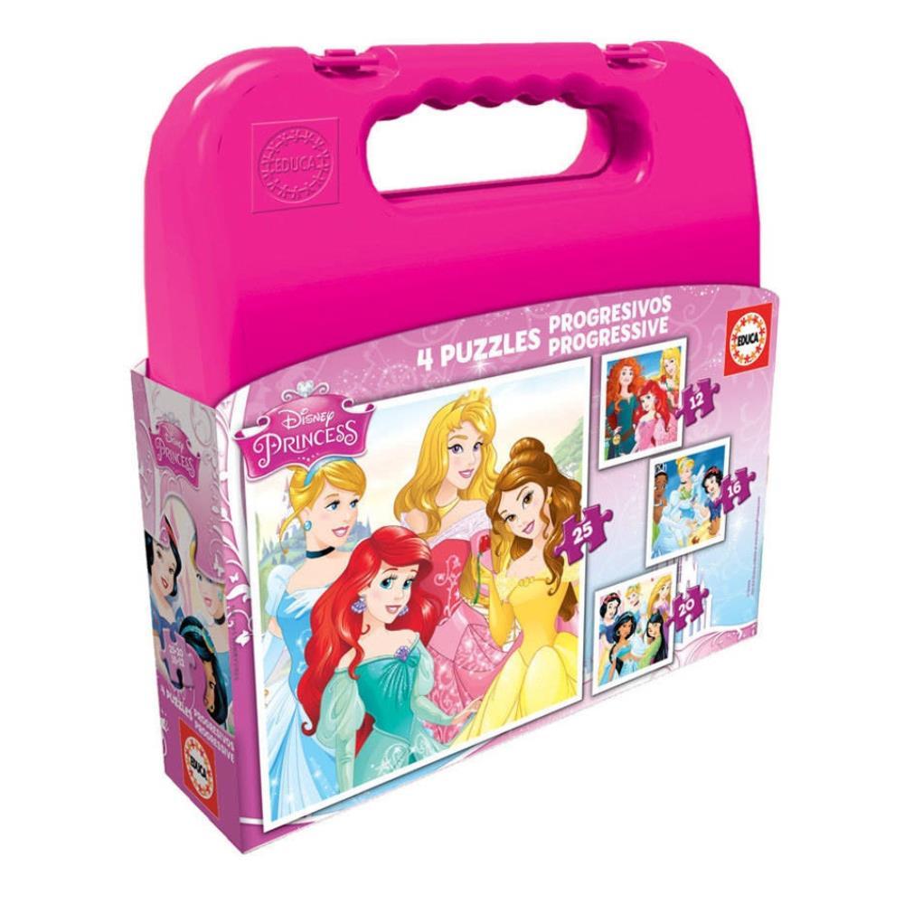 Mala com 4 Puzzles Progressivos Educa Disney Princess 12 a 25 Peças